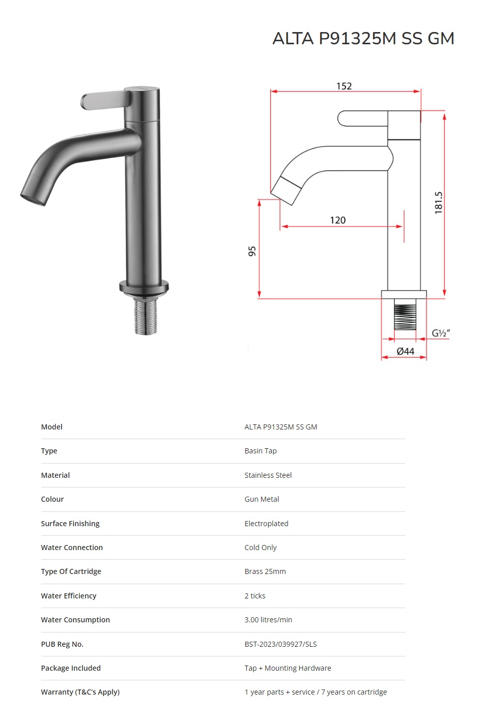 RUBINE Cold Water Basin Tap P91325M SS GM