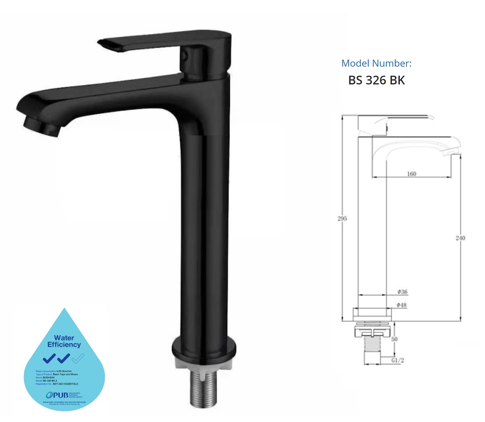 BOSHSINI Tall Basin Cold Water Tap BS-326 BK