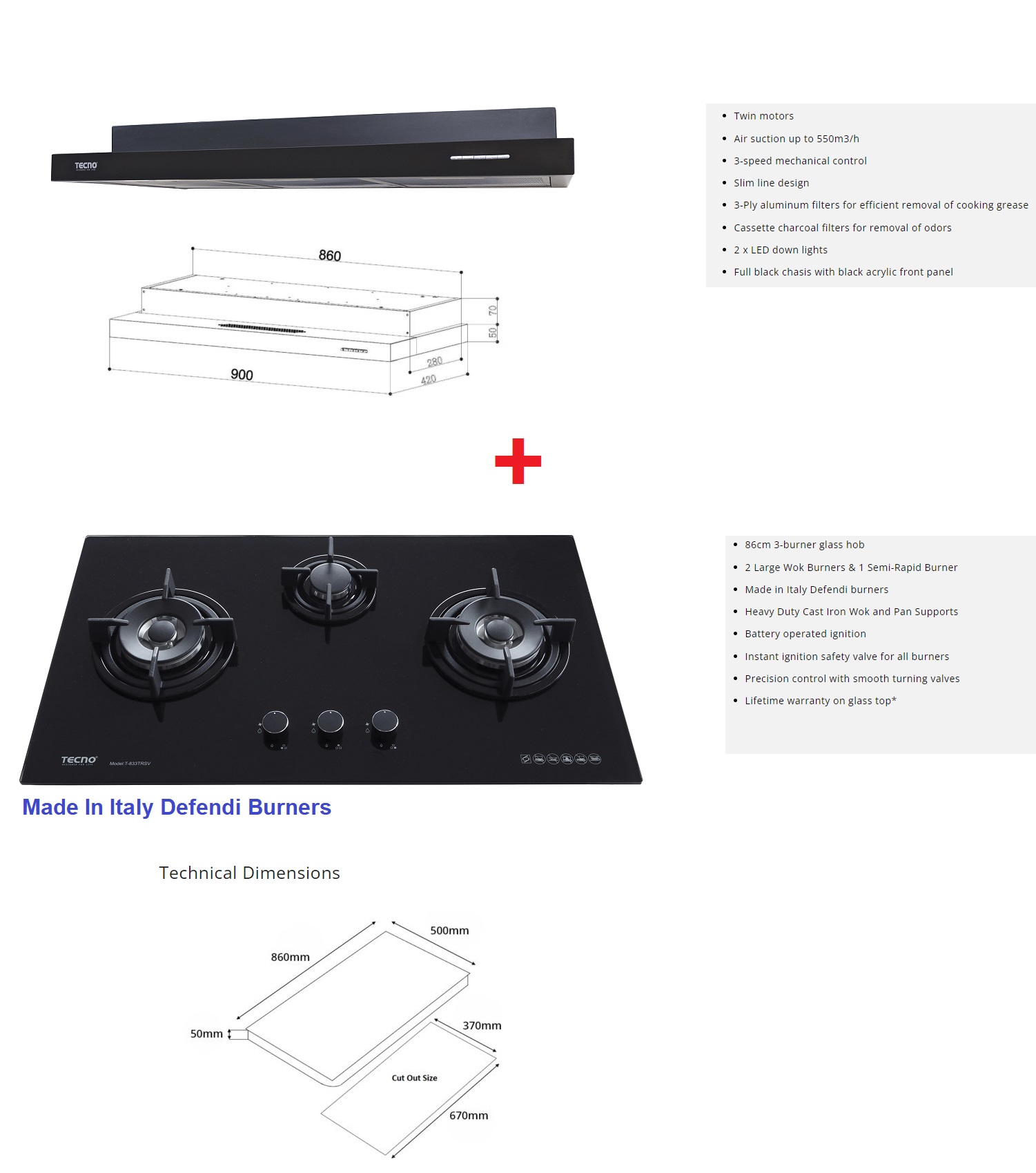 TECNO Cooker Hob + Cooker Hood Bundle Offer - Black Series