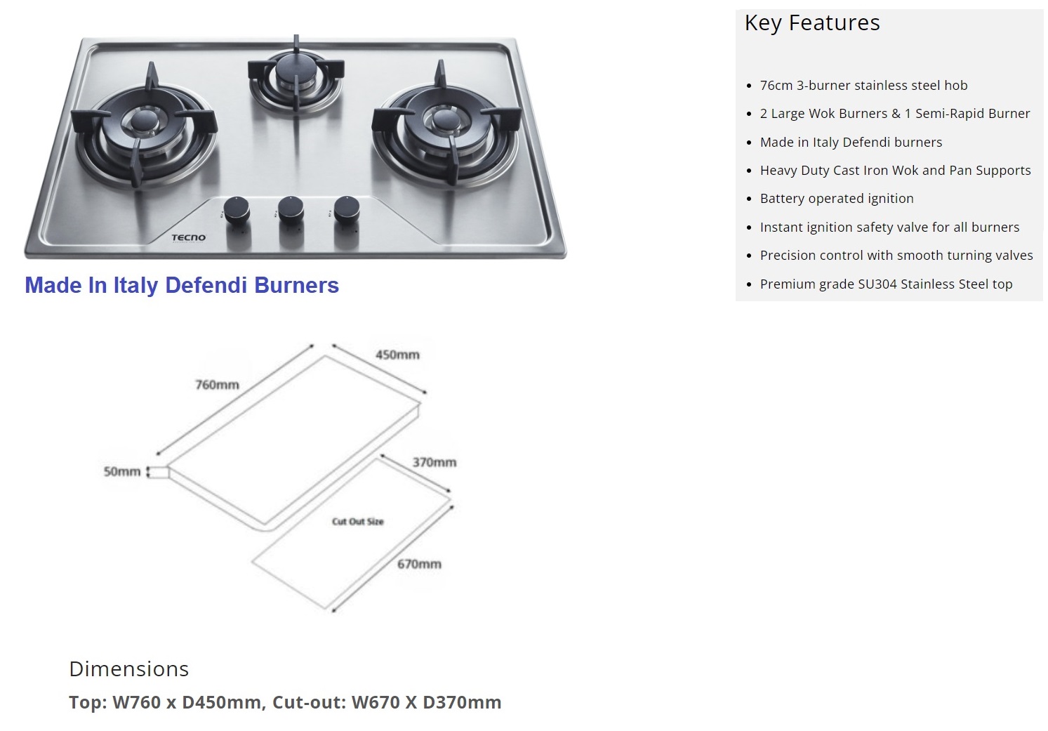 TECNO 3-Burner Stainless Steel Cooker Hob TS 7633TRSV