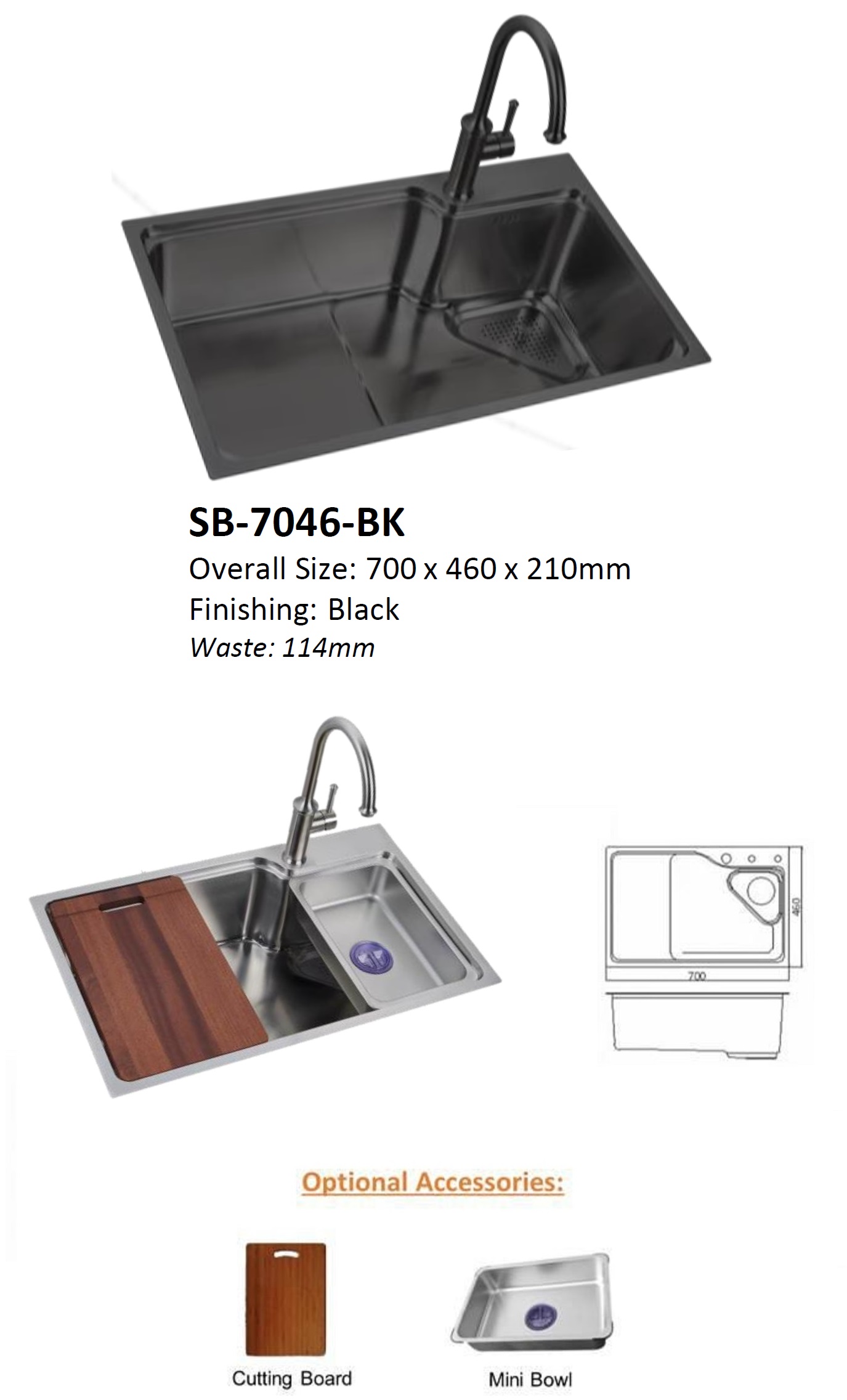 NOBEL Stainless Steel Kitchen Sink SB-7046-BK