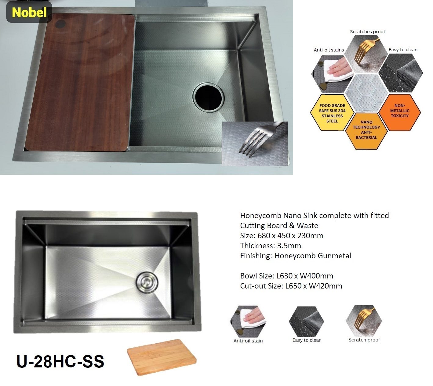 NOBEL Stainless Steel Nano+ Honey Comb Kitchen Sink U-28HC-SS