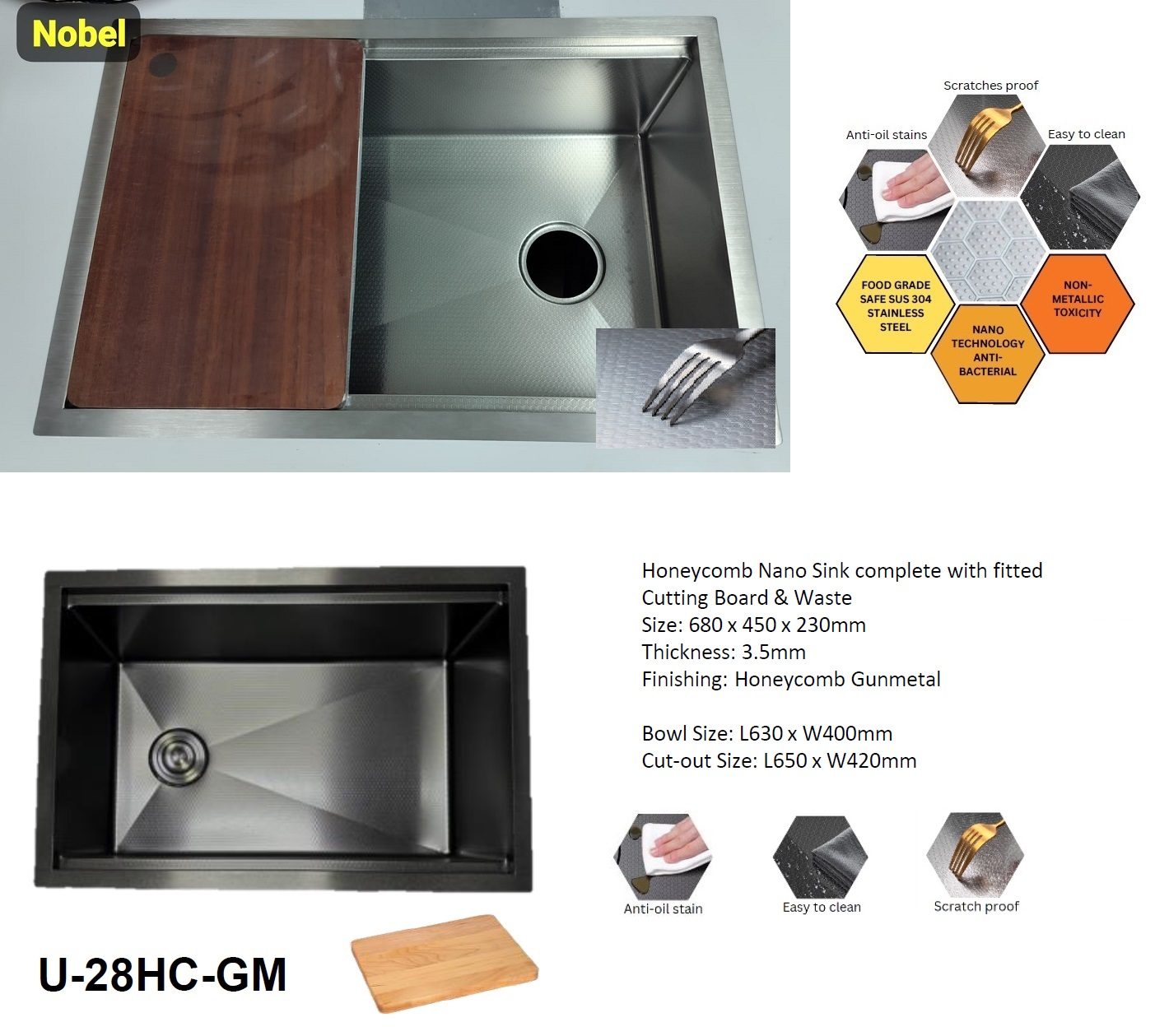 NOBEL Stainless Steel Nano+ Honey Comb Kitchen Sink U-28HC-GM