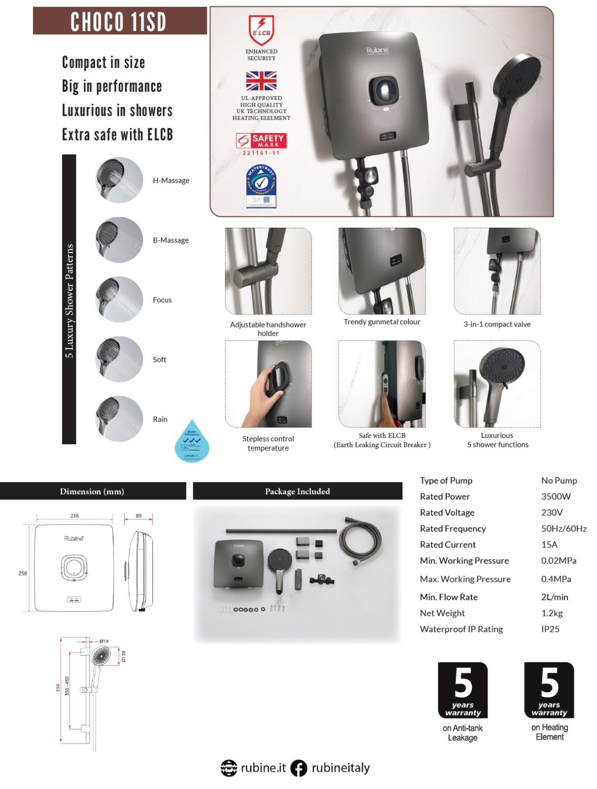 RUBINE Electric Instant Water Heater CHOCO 11SD-GM