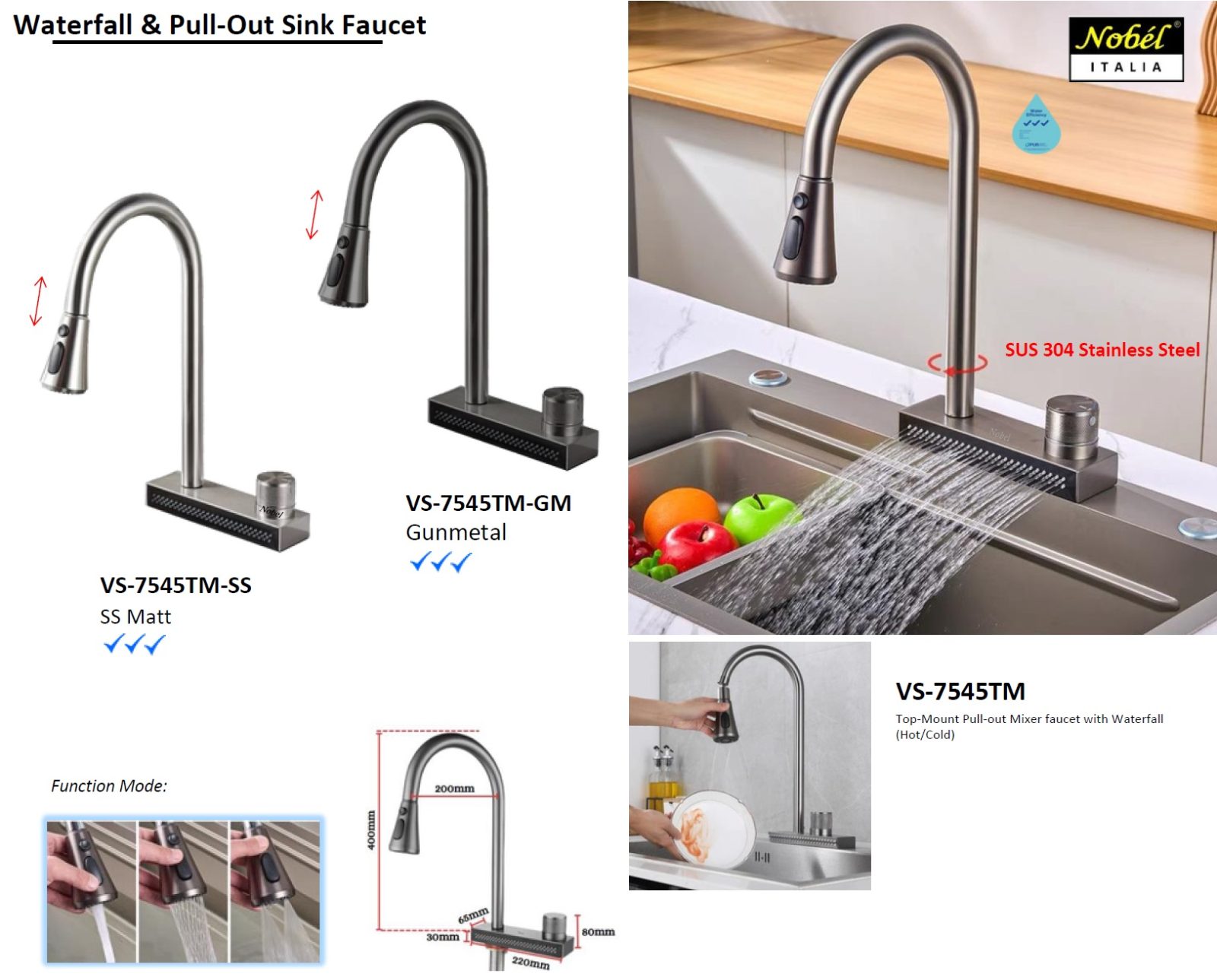 NOBEL Water Fall & Pull-Out Kitchen Sink Mixer Tap VS-7545TM-SS & GM