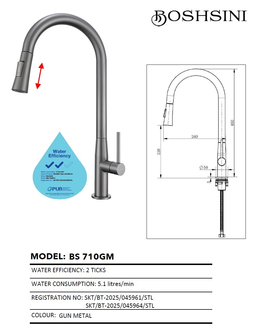 BOSHSINI Pull-Out Kitchen Sink Cold Water Tap - BS710 GM