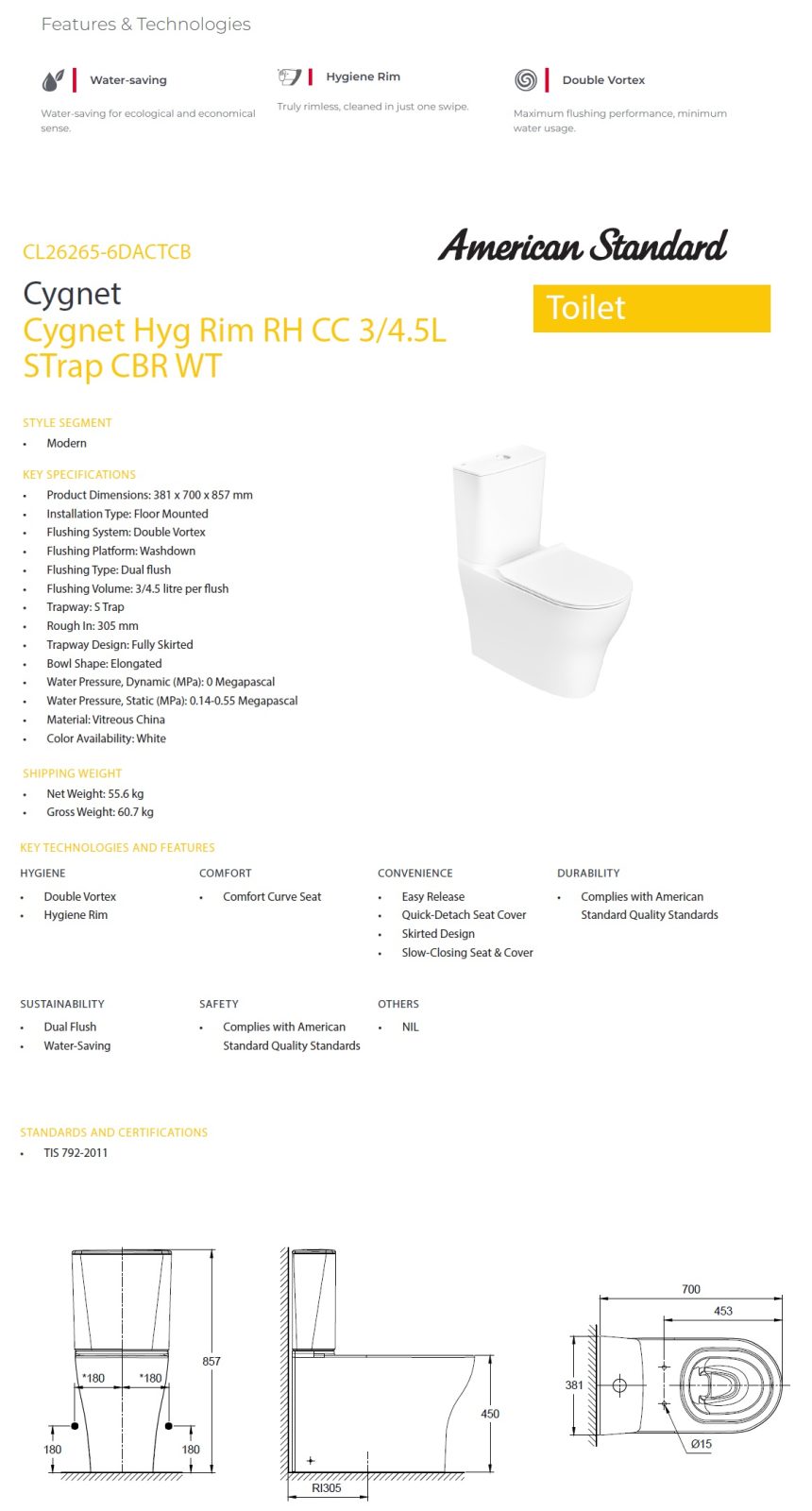 American Standard CL26265-6DACTCB Cygnet Raised Height Close Coupled Toilet Bowl view 2