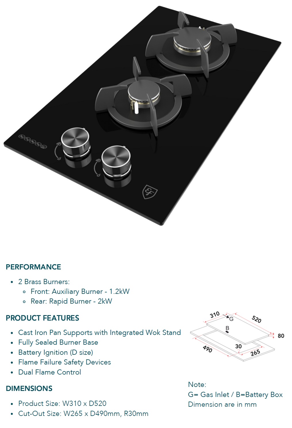 EF Domino Gas Cooker Hob EFH 3221 WT VGB