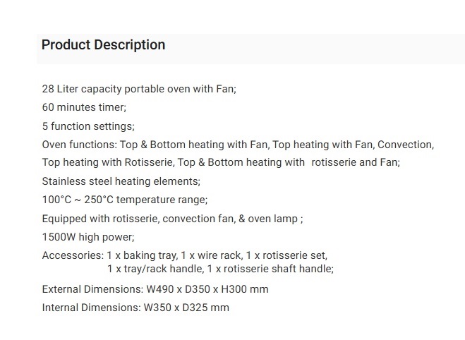 TECNO Portable Electric Oven TEO-2800 view 3