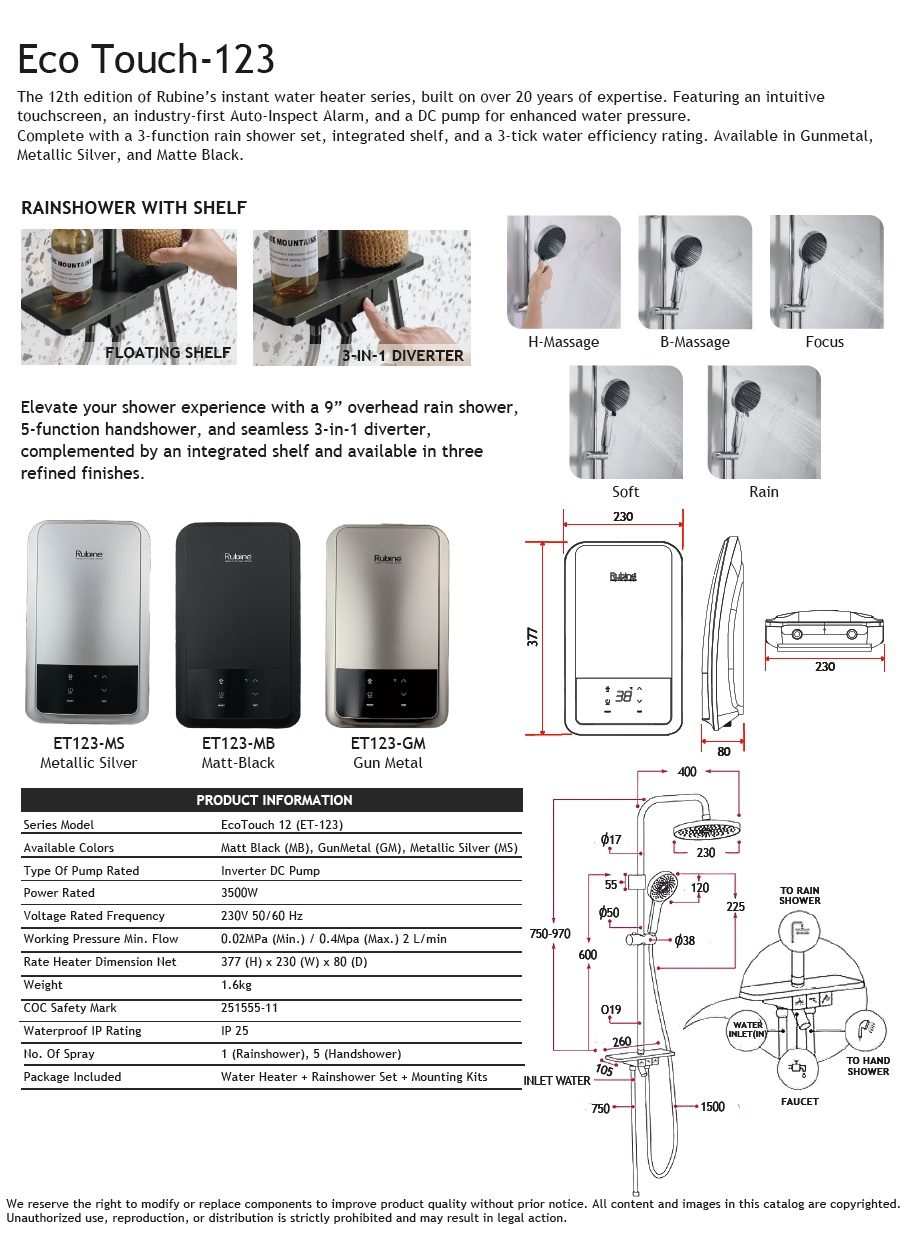 RUBINE ET-123 Instant Heater With Rain Shower