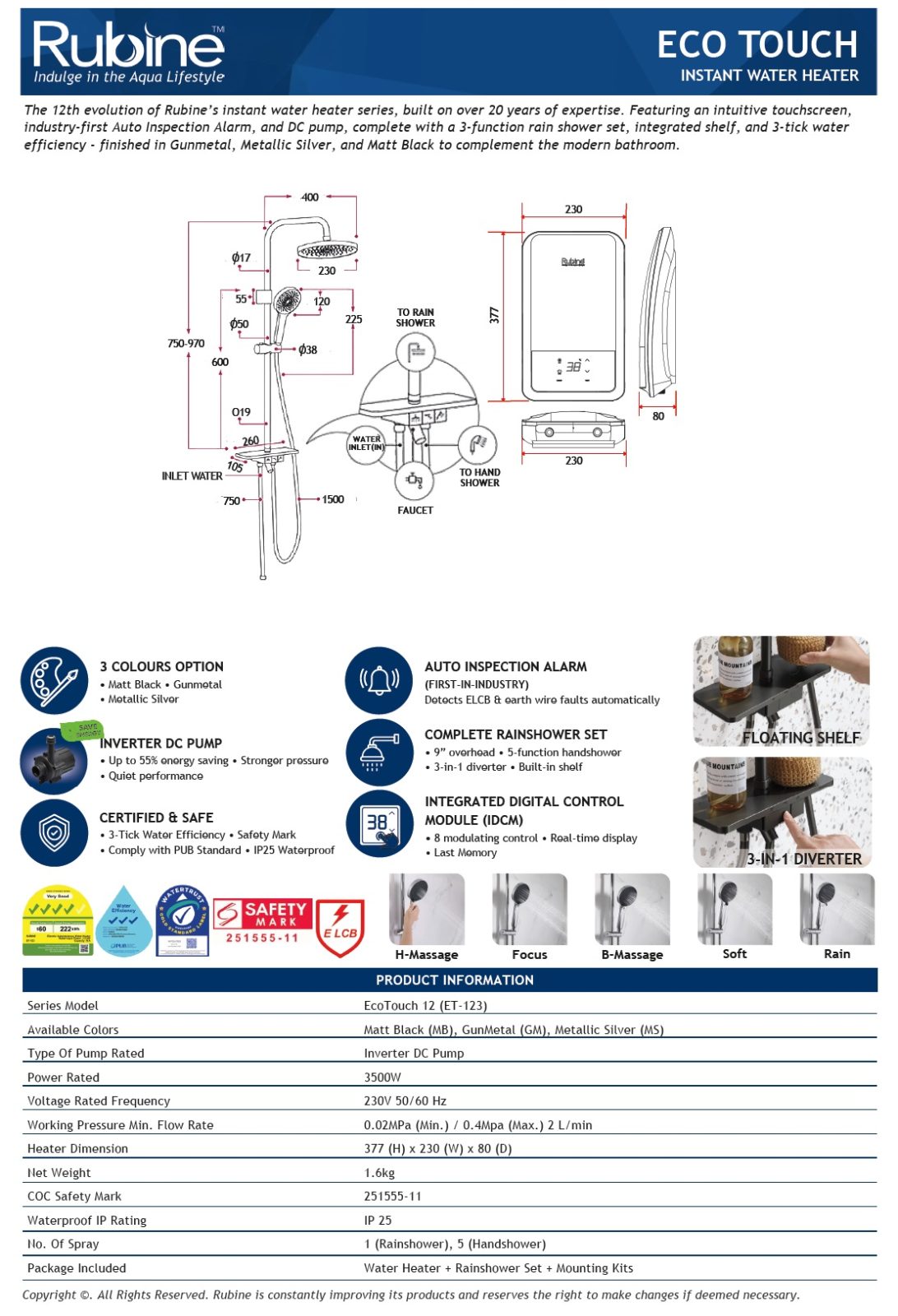 RUBINE ET-123 Instant Heater With Rain Shower
